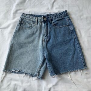 Denim jorts split dye light dark wash fringe